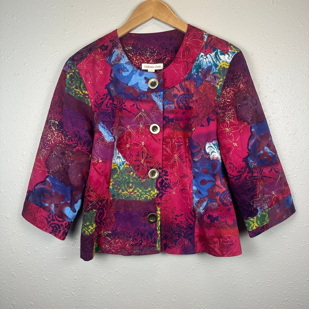 Coldwater Creek P14 Jacket Pink Floral Patchwork Button Front 3/4 Sleeve Boho